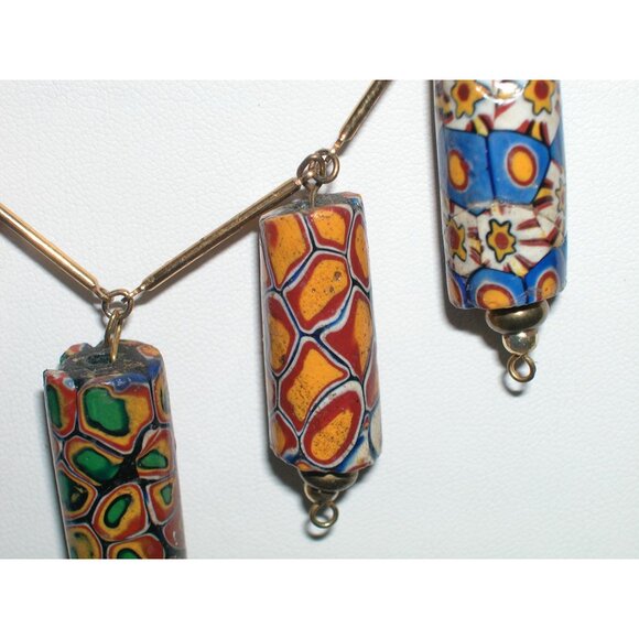 Vintage Millefiori Glass Bead Necklace With Gold-Tone Bar Links & Spring Ring - Picture 3 of 6